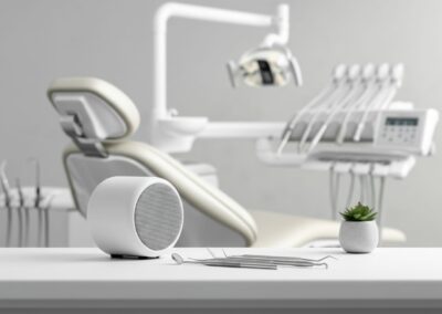 Moderne Zahnarztpraxis mit einem Behandlungsstuhl im Hintergrund, einem kleinen weißen Lautsprecher, Dentalinstrumenten und einer Sukkulente im Vordergrund auf einem weißen Tisch.