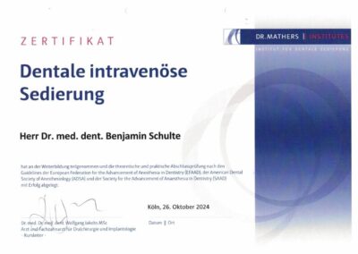 Zertifikat dentale intravenöse Sedierung – Dr. Benjamin Schulte, Köln 2024