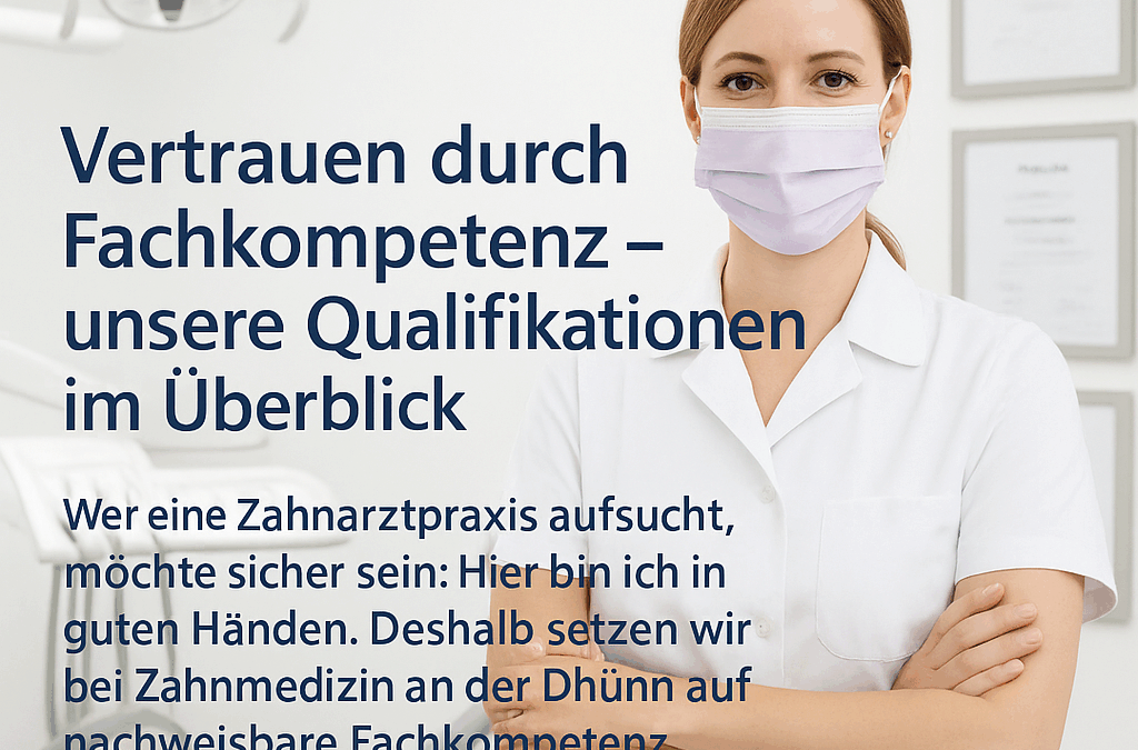 Zahnärztin mit Mundschutz steht mit verschränkten Armen in einer modernen Praxis vor Zertifikaten an der Wand – daneben ein Text über Fachkompetenz und Qualifikationen der Praxis.