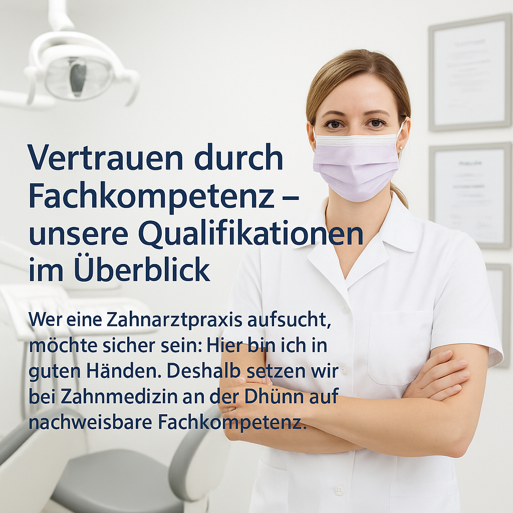 Zahnärztin mit Mundschutz steht mit verschränkten Armen in einer modernen Praxis vor Zertifikaten an der Wand – daneben ein Text über Fachkompetenz und Qualifikationen der Praxis.