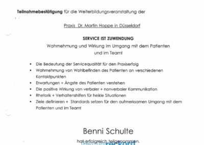 Teilnahmebescheinigung Service und Kommunikation – Benni Schulte, Düsseldorf 2018