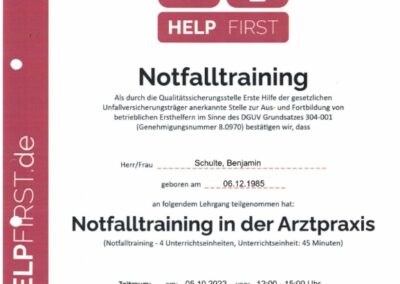 Zertifikat Notfalltraining Arztpraxis – Dr. Benjamin Schulte, Odenthal 2022