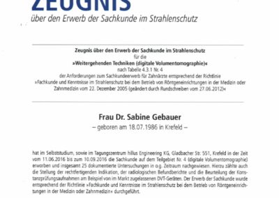 Zeugnis Strahlenschutz für digitale Volumentomographie – Dr. Sabine Schulte