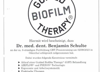 GBT-Zertifikat – Dr. Benjamin Schulte, Fortbildung in Odenthal 2023