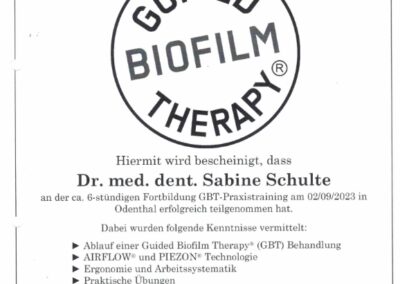 GBT-Zertifikat – Dr. Sabine Schulte, Fortbildung in Odenthal 2023