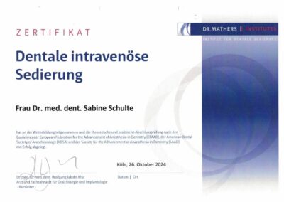 Zertifikat dentale intravenöse Sedierung – Dr. Sabine Schulte, Köln 2024