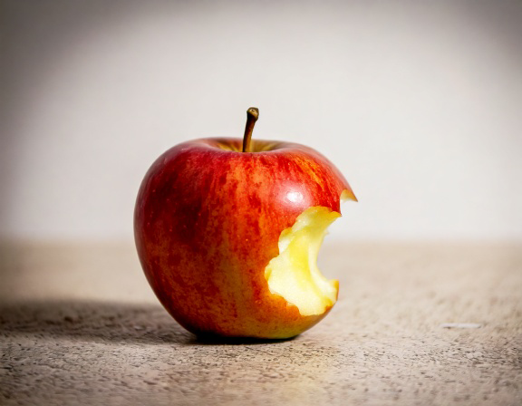 Tag der Zahngesundheit 2026 „Kau dich fit“ in der Zahnmedizin an der Dhünn in Odenthal: Ein roter Apfel mit einem frischen Biss, der das helle Fruchtfleisch zeigt, steht auf einer hellen Steinfläche vor warmem, hellem Hintergrund. Symbolbild für kräftiges, gesundes Kauen.
